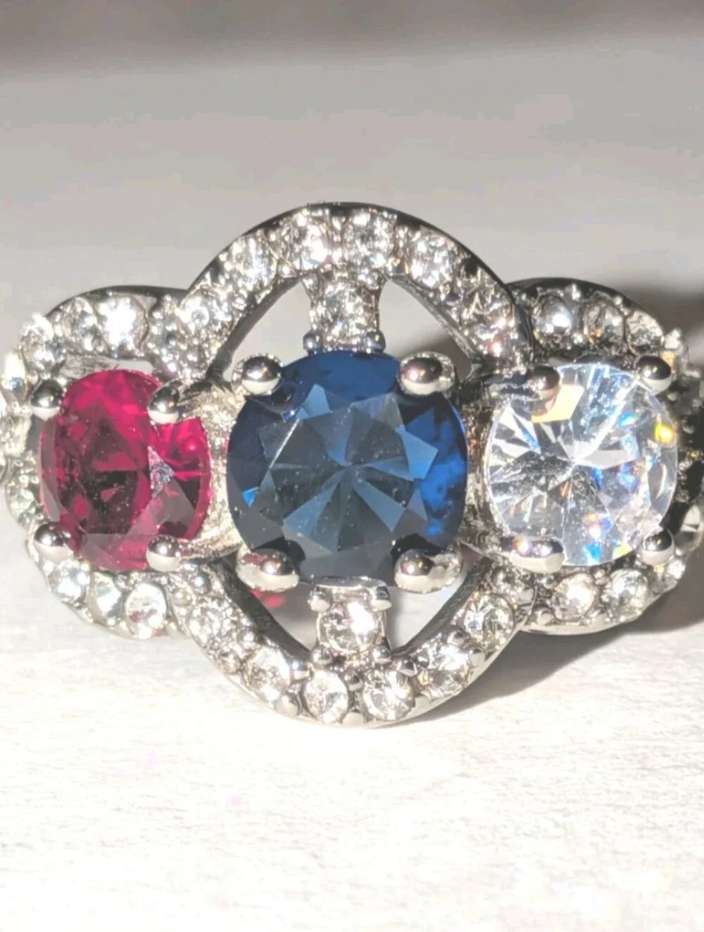 Lab Created Triple Stone Sapphire, Ruby & Diamond Ring - Elegant Trio Statement